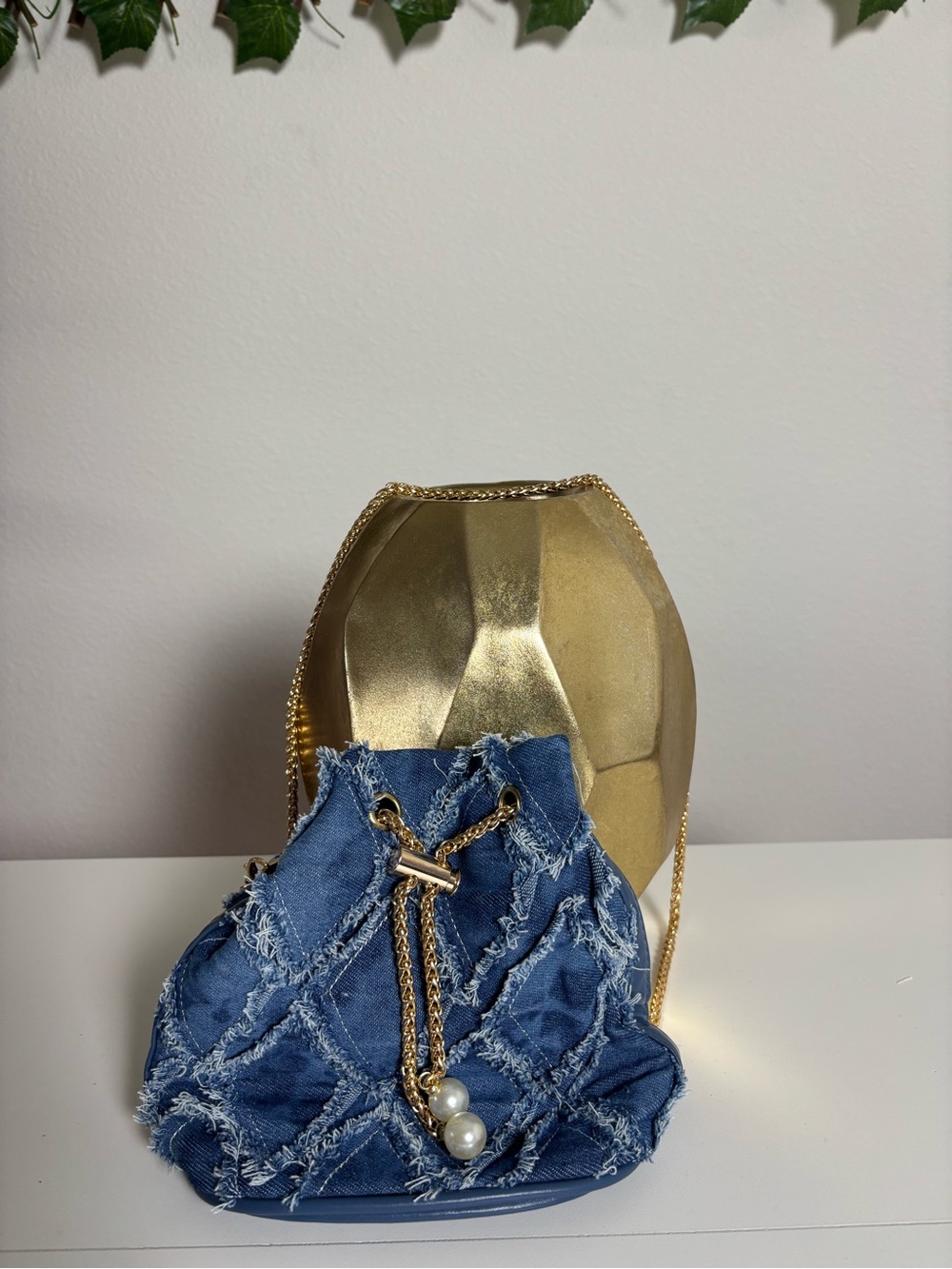 Denim Drawstring Bucket Bag with Pearl Accents - Blue